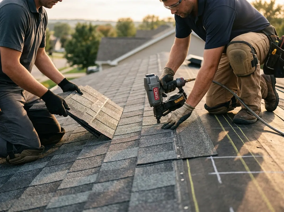 Professional roofer working on a residential roof in Heartland